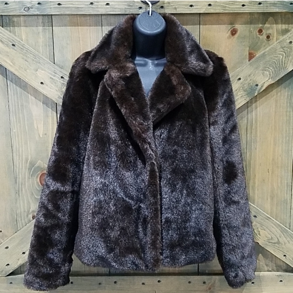 KENNETH COLE NY FAUX FUR DARK BROWN SHORT COAT VEGAN